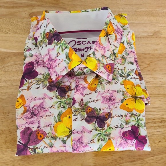 OSCAR PARIS Couture Designer Men's Tailor Fit Shirt Size Med Floral Butterfly - Picture 12 of 12